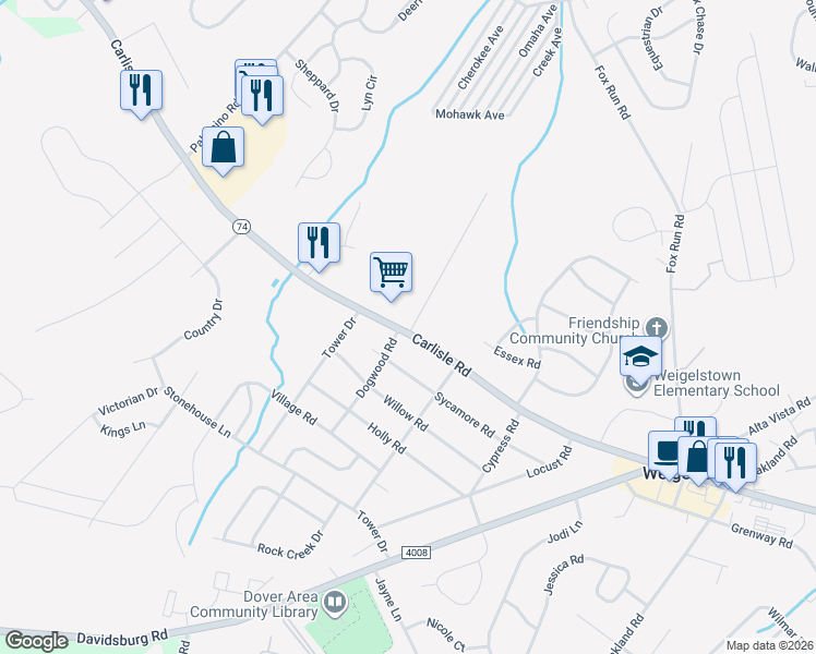 map of restaurants, bars, coffee shops, grocery stores, and more near 3597 Carlisle Road in Dover