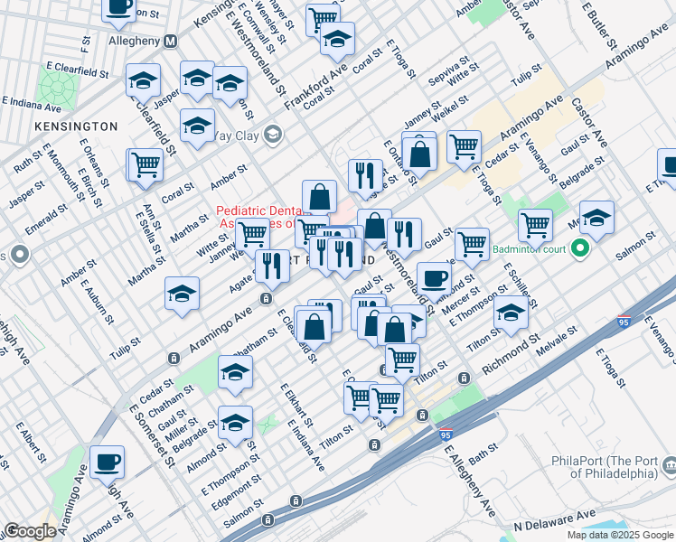 map of restaurants, bars, coffee shops, grocery stores, and more near 2401 East Allegheny Avenue in Philadelphia