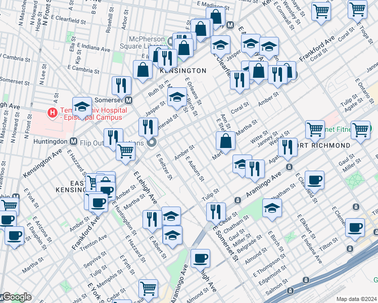 map of restaurants, bars, coffee shops, grocery stores, and more near 2853 Amber Street in Philadelphia