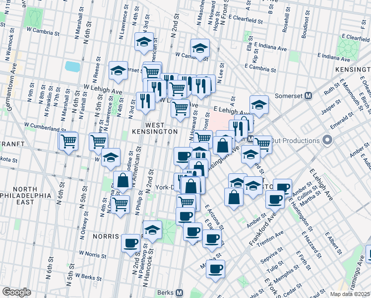map of restaurants, bars, coffee shops, grocery stores, and more near 143 West Cumberland Street in Philadelphia