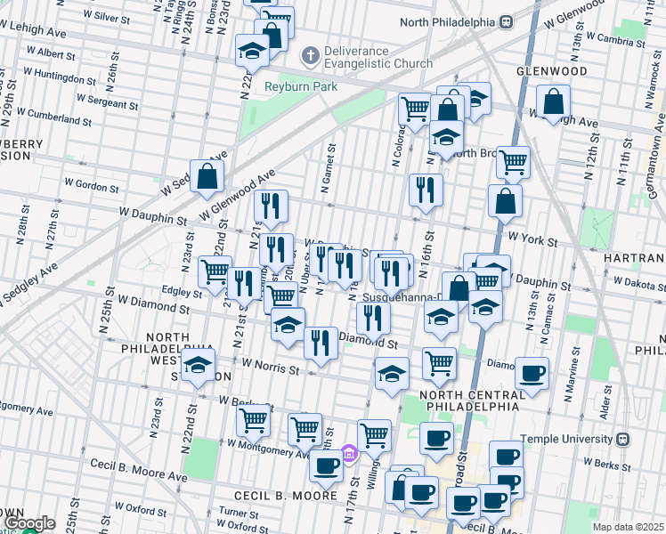 map of restaurants, bars, coffee shops, grocery stores, and more near 2238 North Gratz Street in Philadelphia