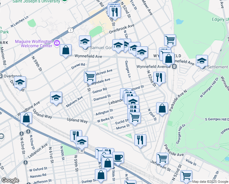 map of restaurants, bars, coffee shops, grocery stores, and more near 5437 Diamond Street in Philadelphia