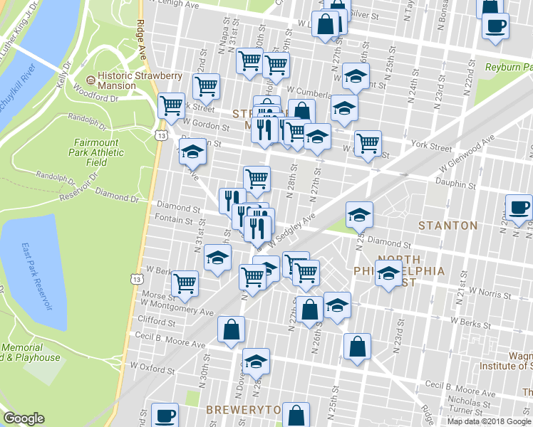 map of restaurants, bars, coffee shops, grocery stores, and more near 2114 North Dover Street in Philadelphia