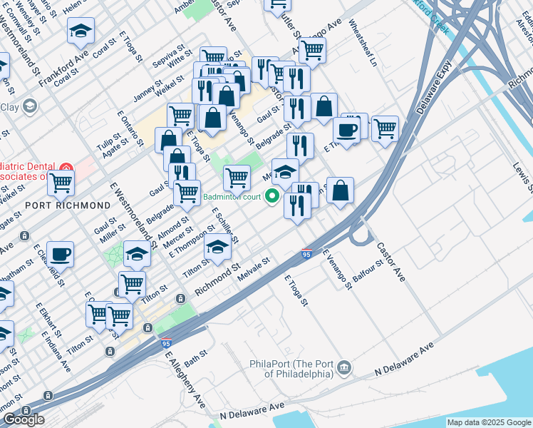 map of restaurants, bars, coffee shops, grocery stores, and more near 3544 Edgemont Street in Philadelphia