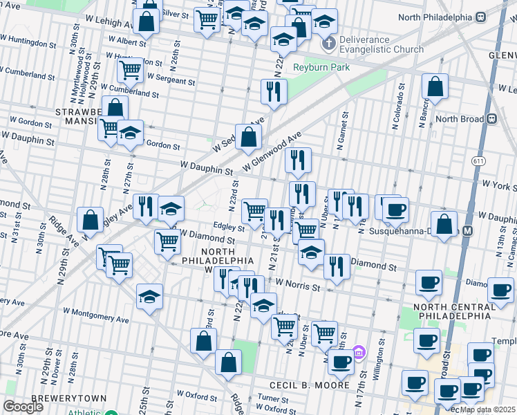map of restaurants, bars, coffee shops, grocery stores, and more near 2141 West Susquehanna Avenue in Philadelphia