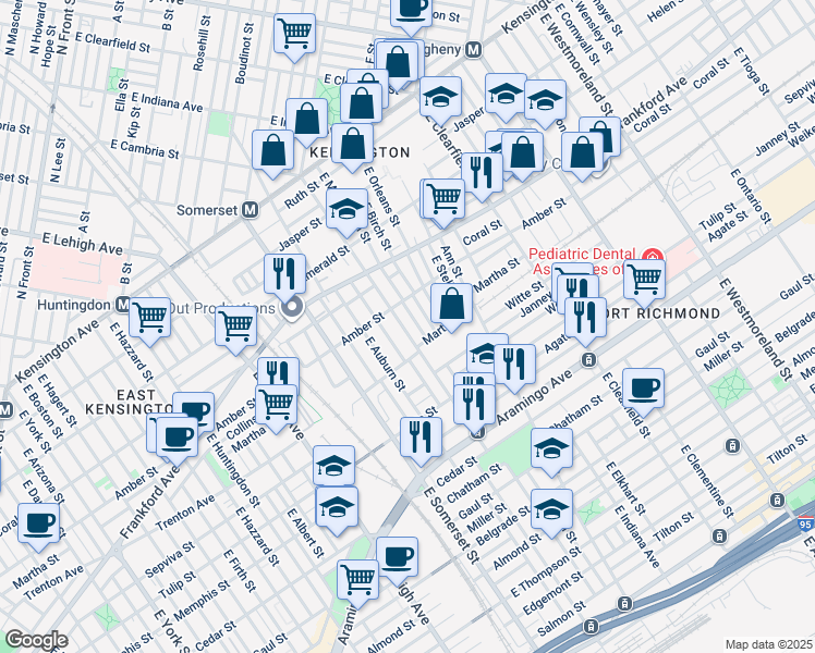 map of restaurants, bars, coffee shops, grocery stores, and more near 2133 East Cambria Street in Philadelphia