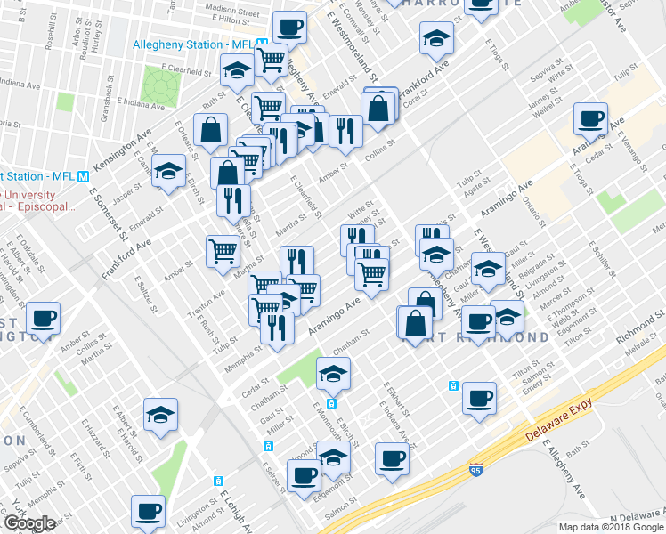 map of restaurants, bars, coffee shops, grocery stores, and more near 3072 Tulip Street in Philadelphia