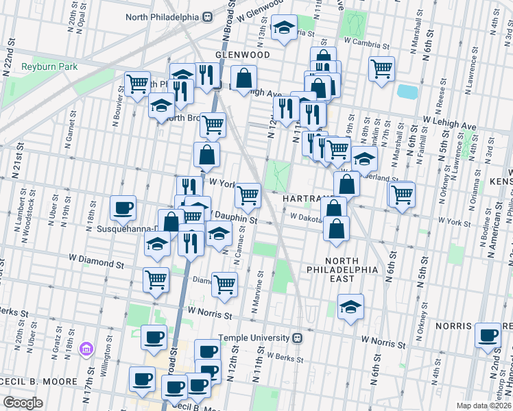map of restaurants, bars, coffee shops, grocery stores, and more near 2330 North 12th Street in Philadelphia