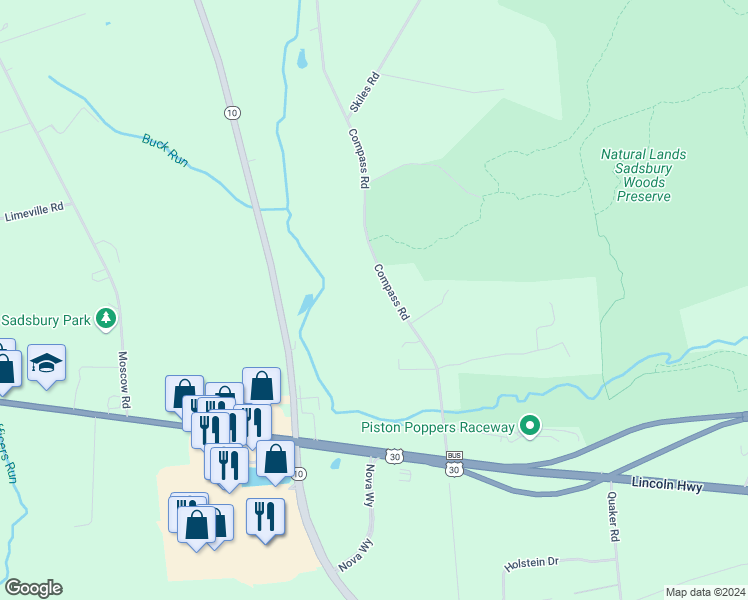 map of restaurants, bars, coffee shops, grocery stores, and more near 107 Compass Rd in Parkesburg