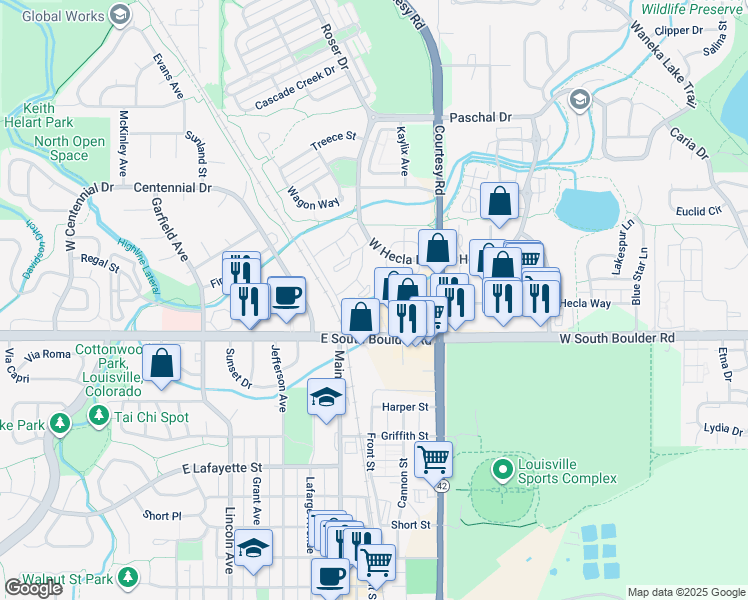map of restaurants, bars, coffee shops, grocery stores, and more near 1025 East South Boulder Road in Louisville