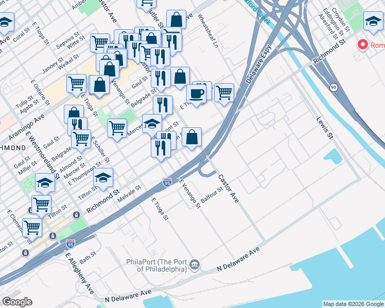 map of restaurants, bars, coffee shops, grocery stores, and more near 3665 Richmond Street in Philadelphia