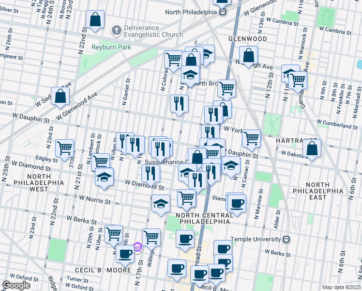 map of restaurants, bars, coffee shops, grocery stores, and more near 2265 North 16th Street in Philadelphia