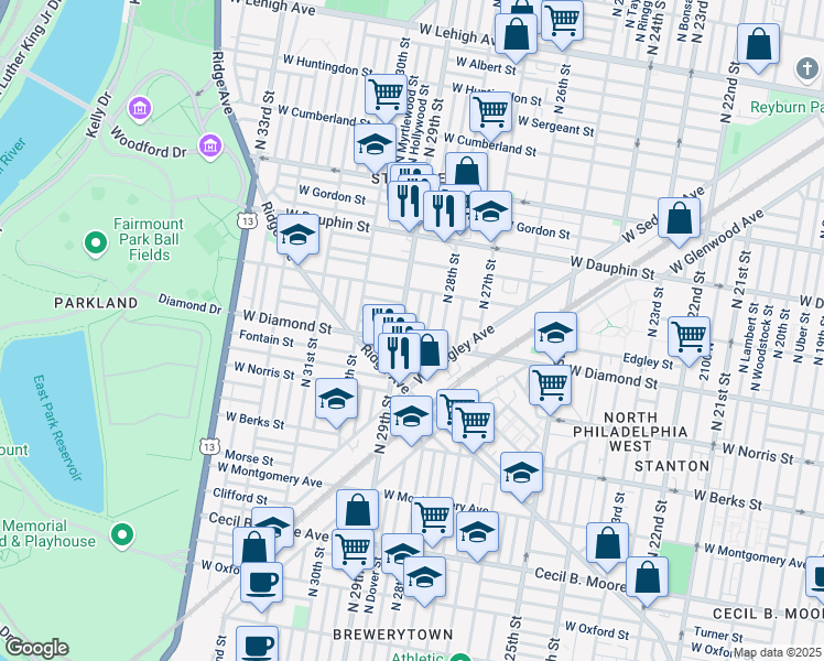 map of restaurants, bars, coffee shops, grocery stores, and more near 2114 North Dover Street in Philadelphia
