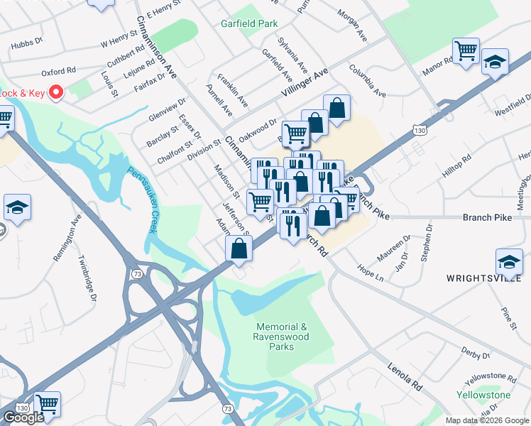 map of restaurants, bars, coffee shops, grocery stores, and more near 1831 Jackson Street in Cinnaminson