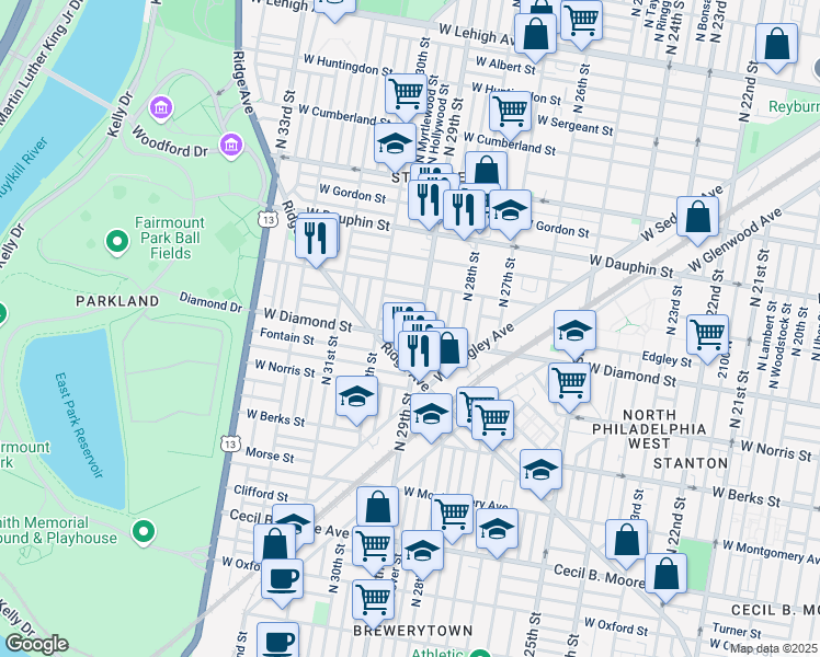 map of restaurants, bars, coffee shops, grocery stores, and more near 2938 Westmont Street in Philadelphia