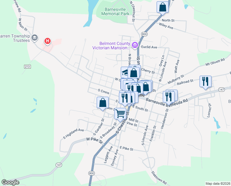 map of restaurants, bars, coffee shops, grocery stores, and more near 251-299 W Main St in Barnesville