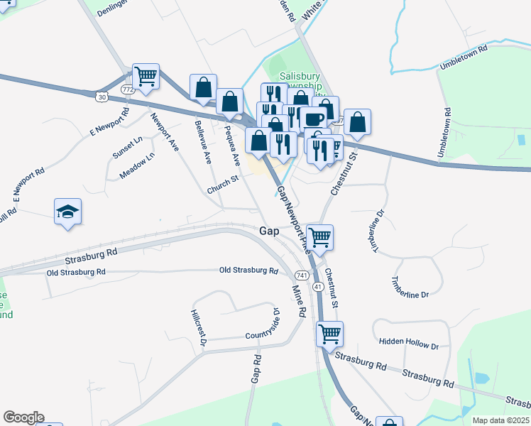 map of restaurants, bars, coffee shops, grocery stores, and more near 831 Pequea Avenue in Gap