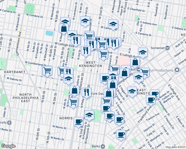 map of restaurants, bars, coffee shops, grocery stores, and more near 2466 North Palethorp Street in Philadelphia