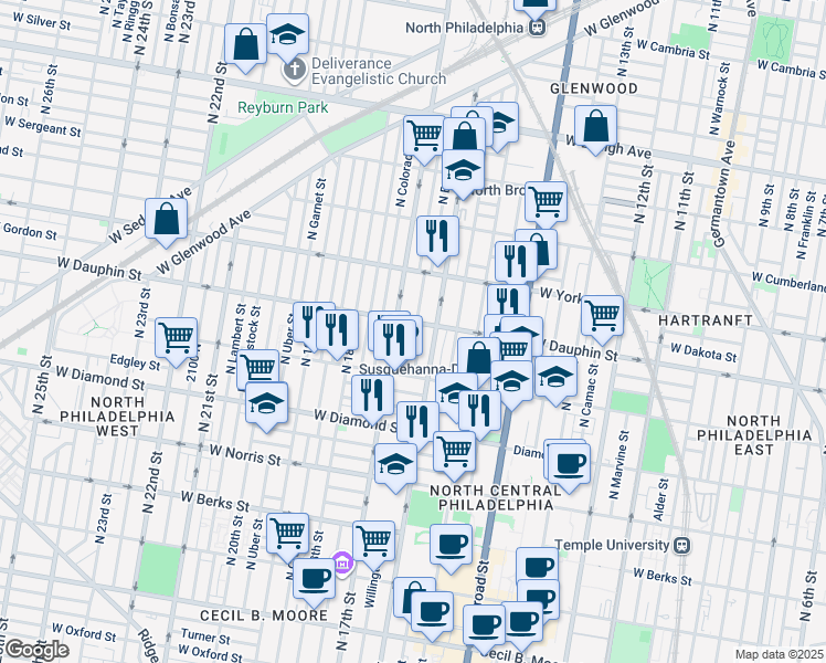 map of restaurants, bars, coffee shops, grocery stores, and more near 2267 North Chadwick Street in Philadelphia