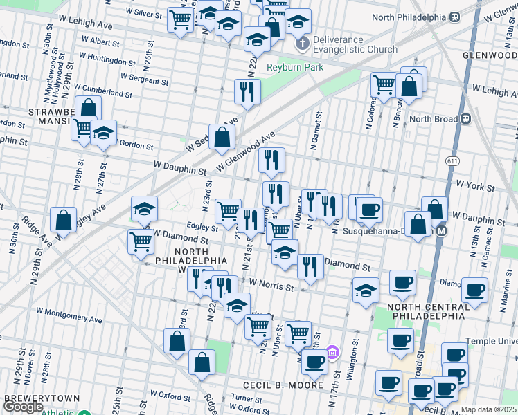 map of restaurants, bars, coffee shops, grocery stores, and more near 2215 North 21st Street in Philadelphia