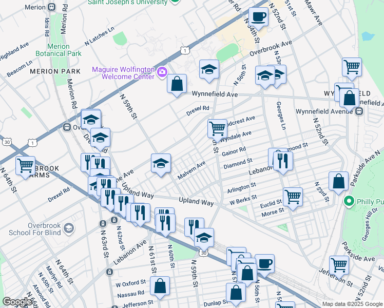 map of restaurants, bars, coffee shops, grocery stores, and more near 5814 Woodcrest Avenue in Philadelphia