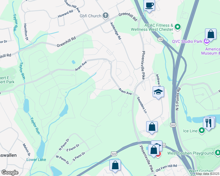 map of restaurants, bars, coffee shops, grocery stores, and more near 1811 Saroyan Lane in West Chester