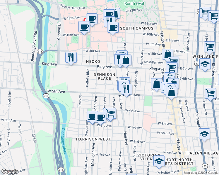 map of restaurants, bars, coffee shops, grocery stores, and more near 318 West 6th Avenue in Columbus