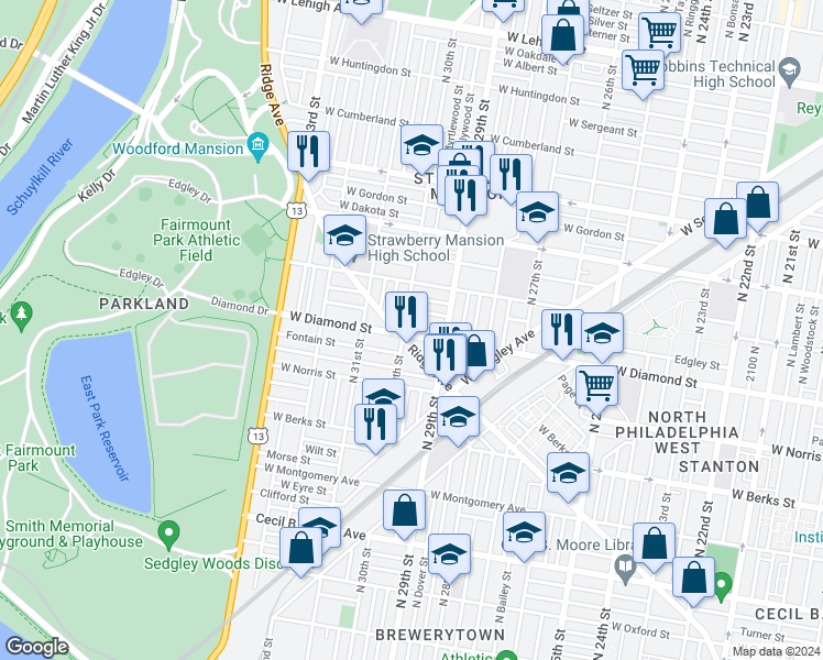 map of restaurants, bars, coffee shops, grocery stores, and more near 2943 West Diamond street in Philadelphia