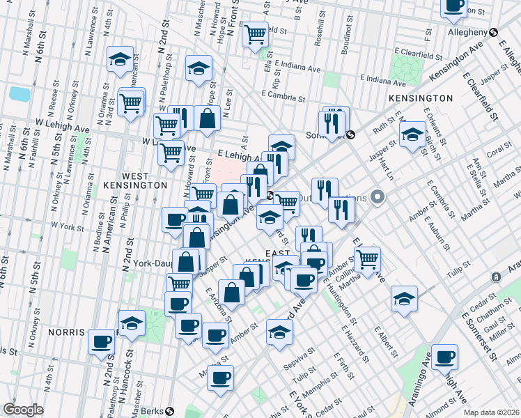 map of restaurants, bars, coffee shops, grocery stores, and more near 1802 East Huntingdon Street in Philadelphia