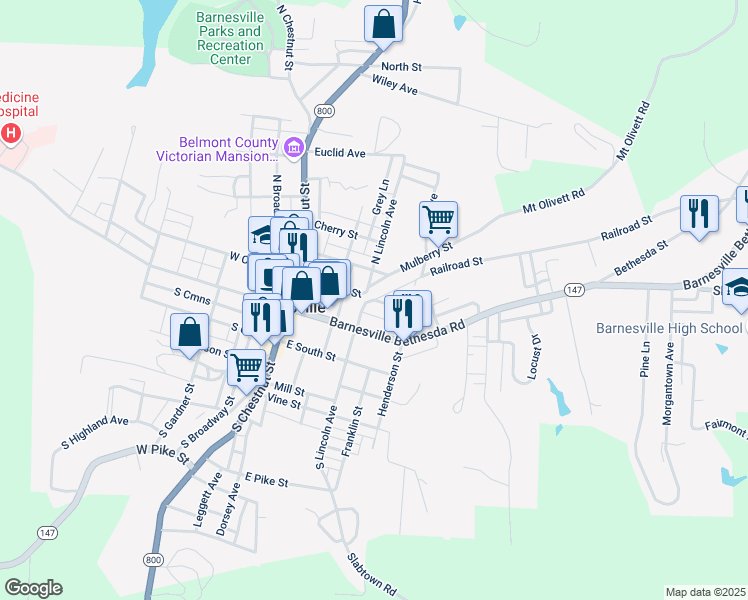 map of restaurants, bars, coffee shops, grocery stores, and more near 300 East Church Street in Barnesville
