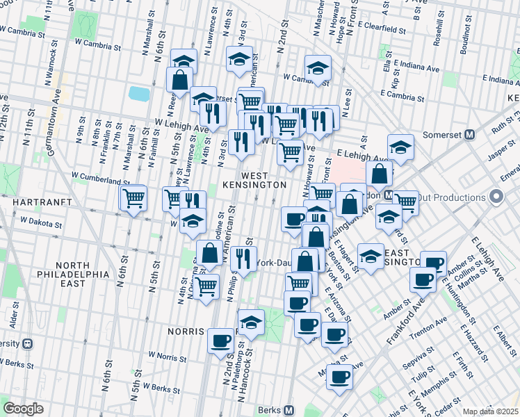 map of restaurants, bars, coffee shops, grocery stores, and more near 2466 North Palethorp Street in Philadelphia