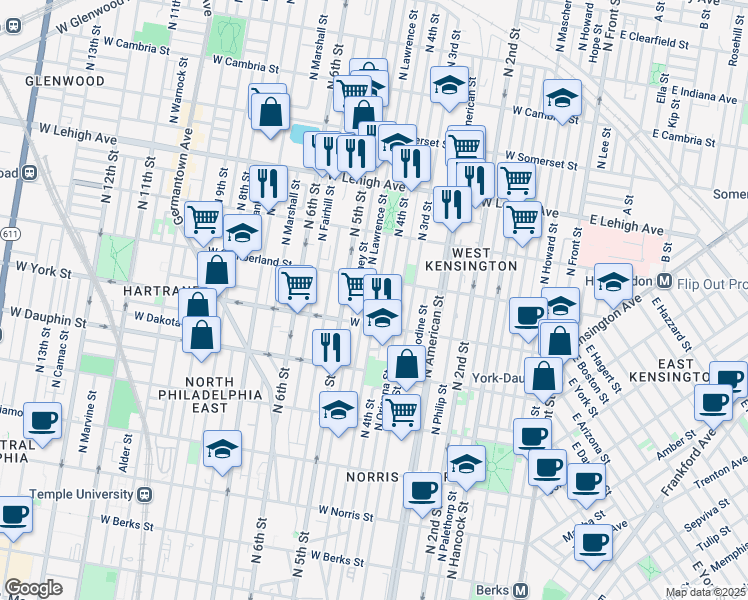 map of restaurants, bars, coffee shops, grocery stores, and more near 2434 North Leithgow Street in Philadelphia