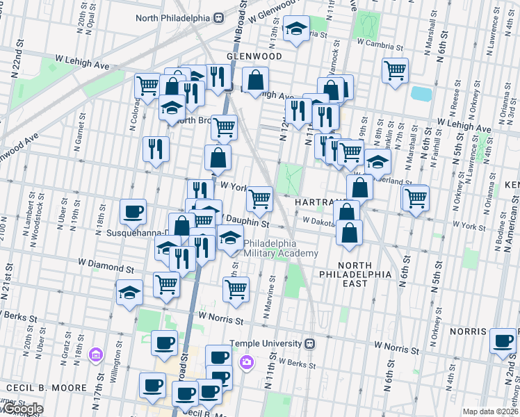 map of restaurants, bars, coffee shops, grocery stores, and more near 2346 North Camac Street in Philadelphia