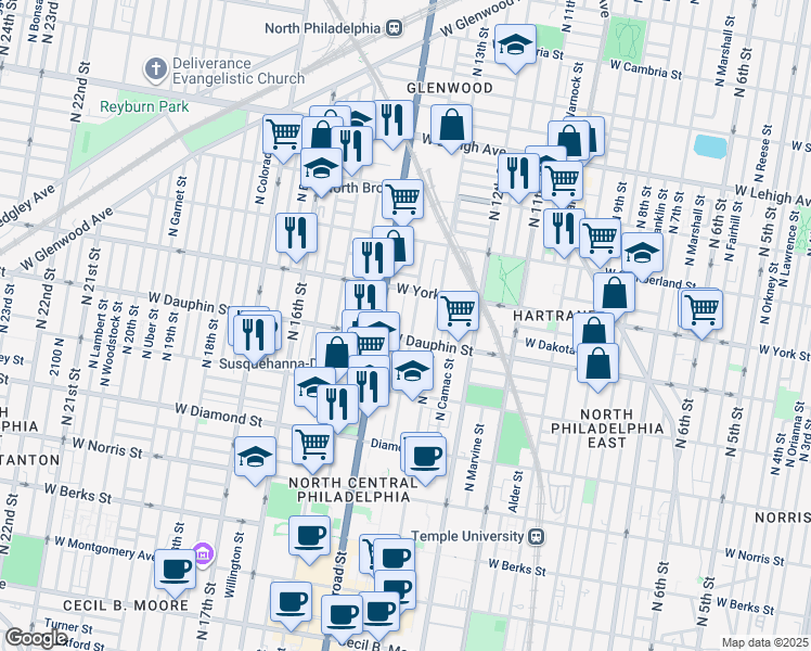 map of restaurants, bars, coffee shops, grocery stores, and more near 2314 North Park Avenue in Philadelphia