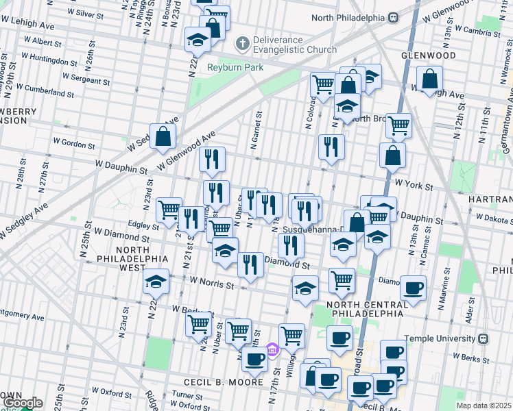 map of restaurants, bars, coffee shops, grocery stores, and more near 2237 North 19th Street in Philadelphia
