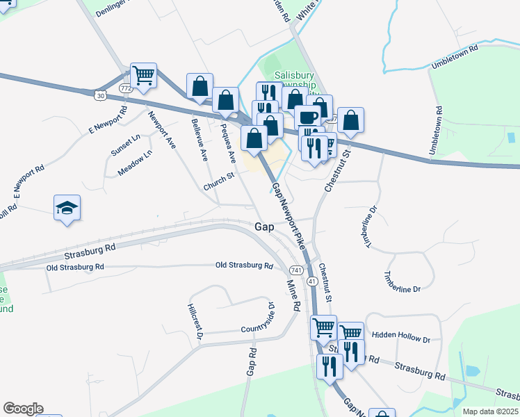 map of restaurants, bars, coffee shops, grocery stores, and more near 831 Pequea Avenue in Gap