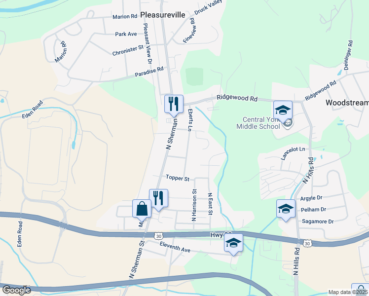 map of restaurants, bars, coffee shops, grocery stores, and more near 1812 Eberts Lane in York