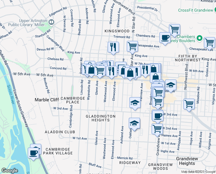 map of restaurants, bars, coffee shops, grocery stores, and more near 1535 Elmwood Avenue in Columbus