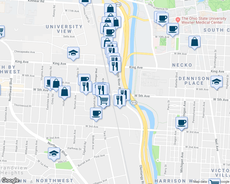 map of restaurants, bars, coffee shops, grocery stores, and more near 744 West 5th Avenue in Columbus