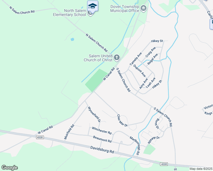 map of restaurants, bars, coffee shops, grocery stores, and more near 2886 West Canal Road in Dover