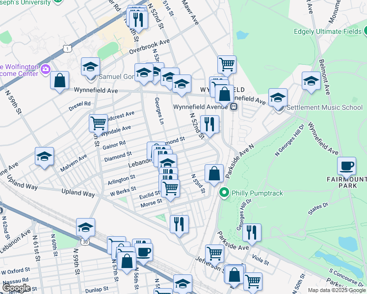 map of restaurants, bars, coffee shops, grocery stores, and more near 2031 North 53rd Street in Philadelphia