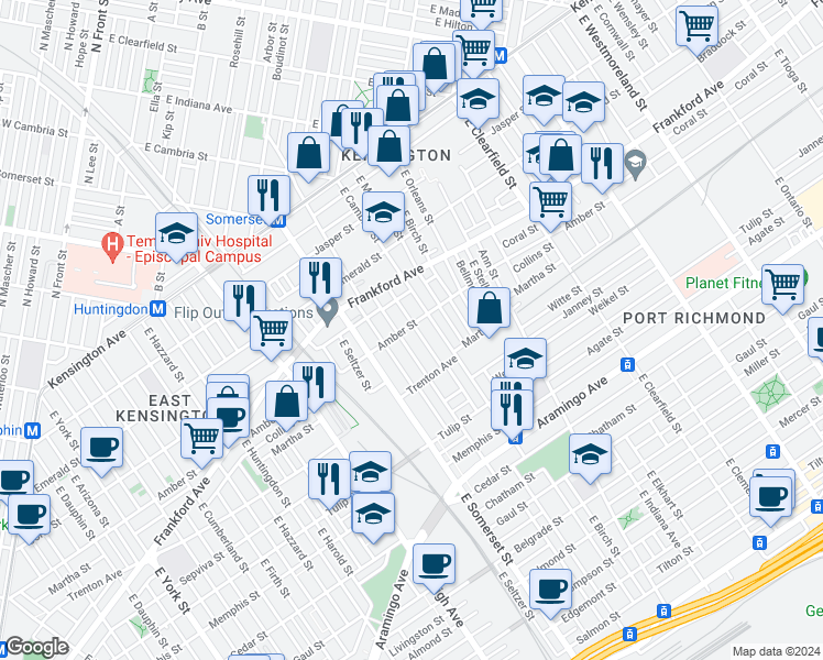 map of restaurants, bars, coffee shops, grocery stores, and more near 2859 Amber Street in Philadelphia
