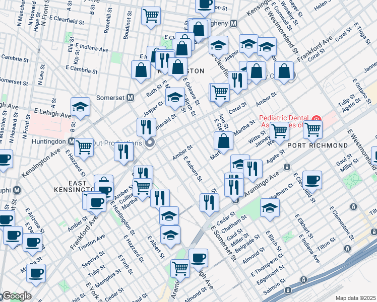 map of restaurants, bars, coffee shops, grocery stores, and more near 2859 Amber Street in Philadelphia
