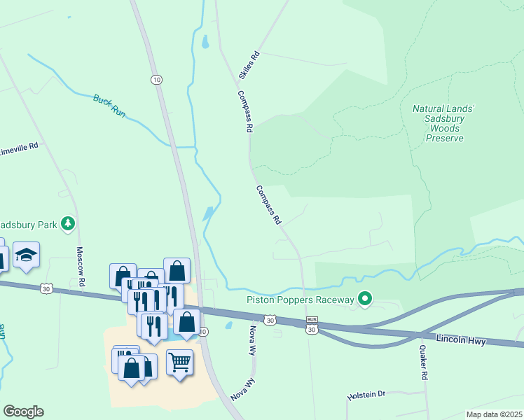 map of restaurants, bars, coffee shops, grocery stores, and more near 107 Compass Rd in Parkesburg