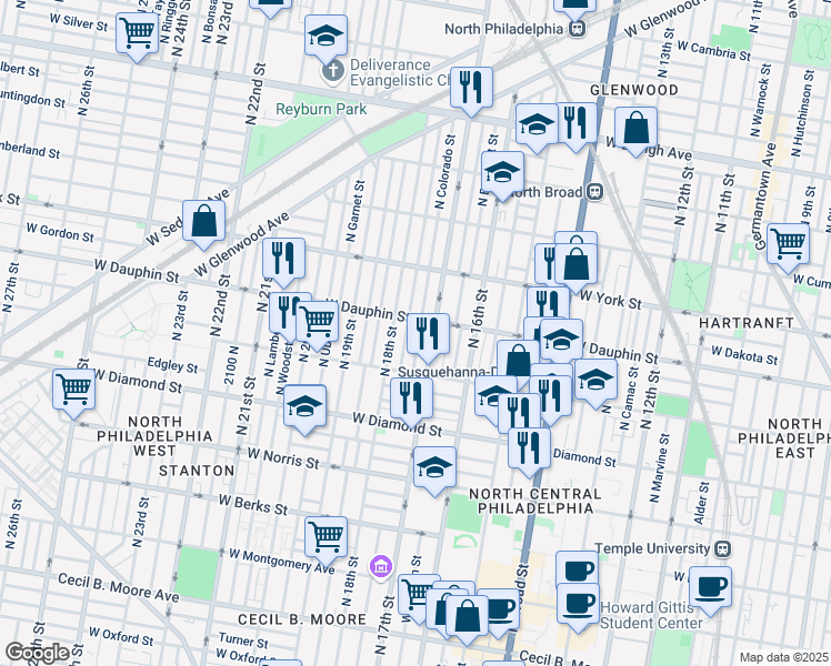 map of restaurants, bars, coffee shops, grocery stores, and more near 2256 North Colorado Street in Philadelphia