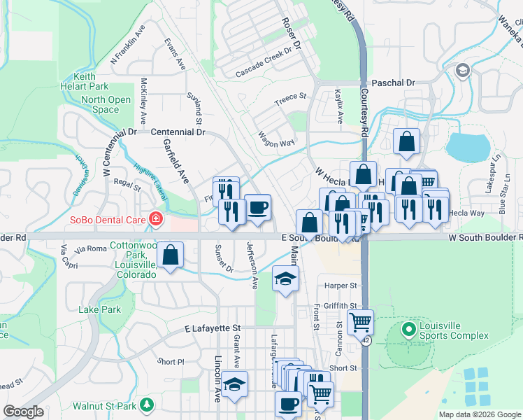 map of restaurants, bars, coffee shops, grocery stores, and more near 745 East South Boulder Road in Louisville