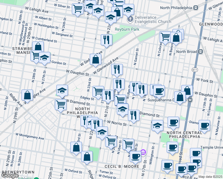 map of restaurants, bars, coffee shops, grocery stores, and more near 2215 North 21st Street in Philadelphia