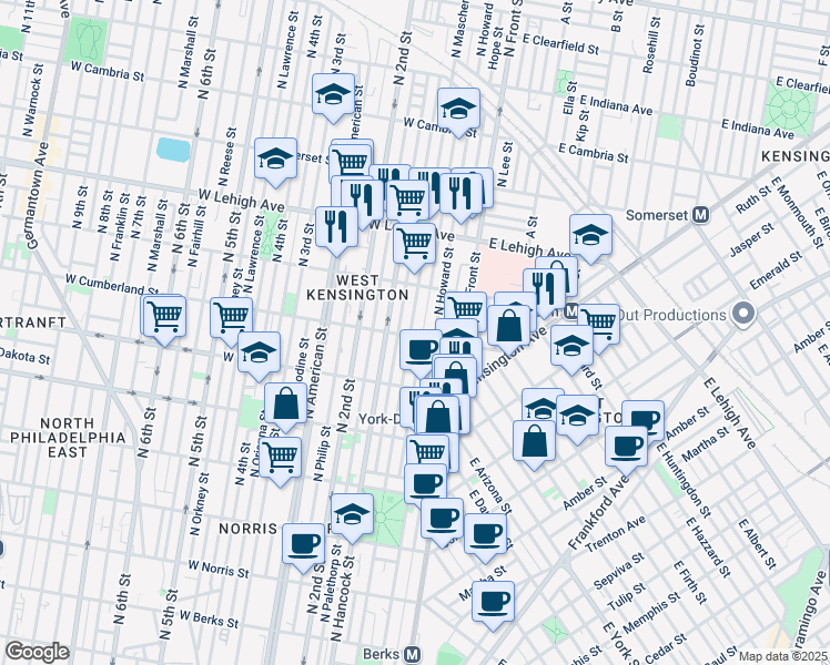 map of restaurants, bars, coffee shops, grocery stores, and more near 155 West Cumberland Street in Philadelphia