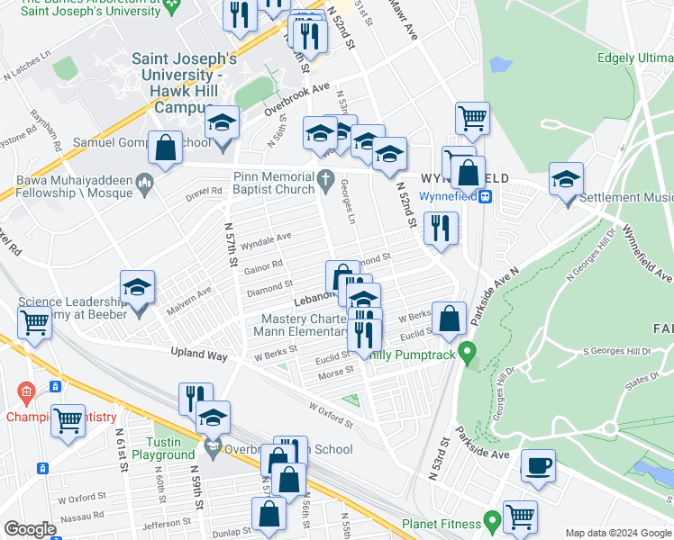 map of restaurants, bars, coffee shops, grocery stores, and more near N 54th St & Diamond St in Philadelphia