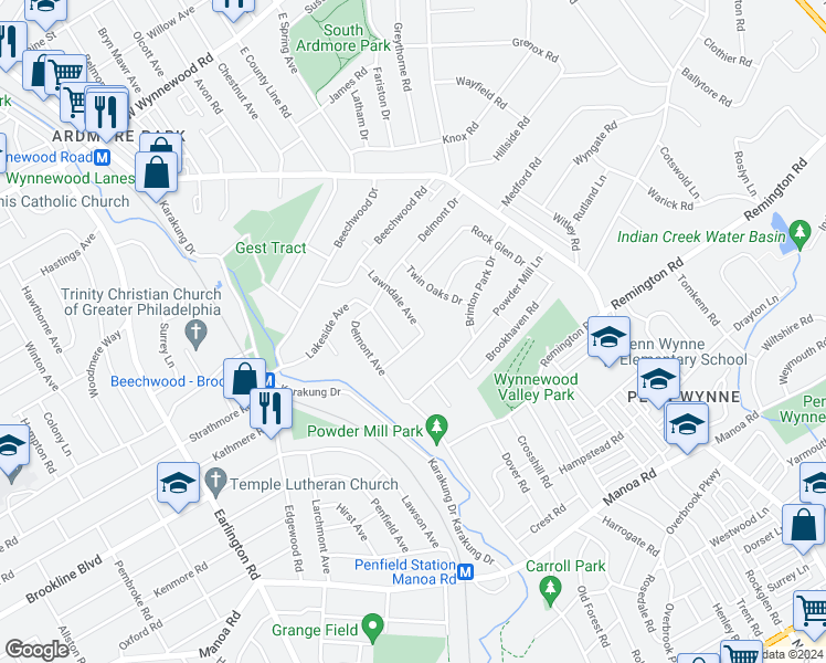 map of restaurants, bars, coffee shops, grocery stores, and more near 1404 Lawndale Avenue in Havertown